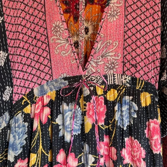Renew Vintage Floral Kantha Luna Dress with Pink and Black Accents - Picture 3 of 5
